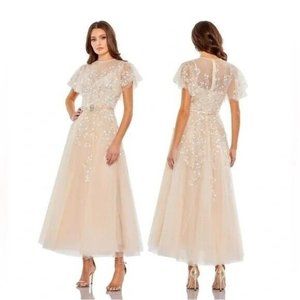 NWT MAC DUGGAL FLUTTER SLEEVE BOW WAIST A‎ LINE DRESS NUDE 20362 $798